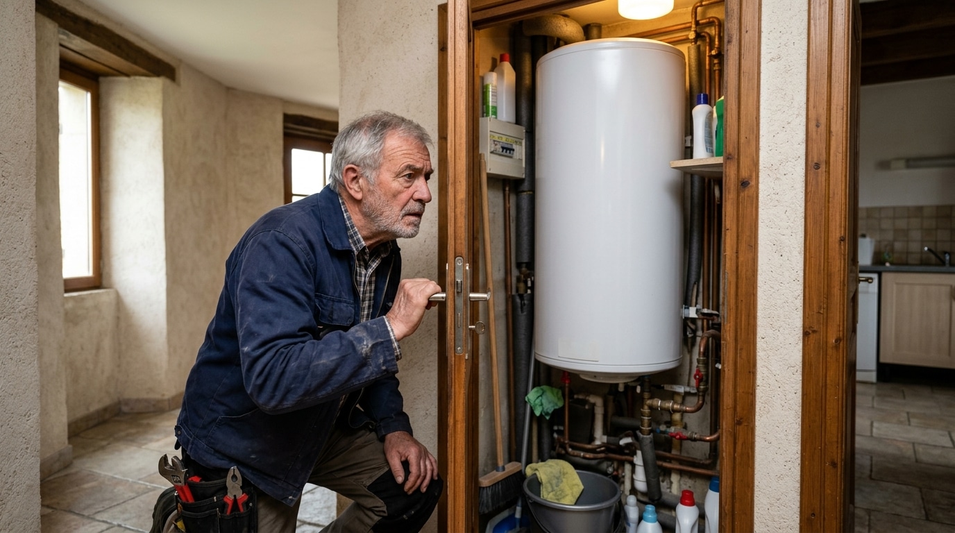 « Baissez-le tout de suite » : ce détail sur mon ballon d’eau chaude a alarmé un vieux plombier dès qu’il a ouvert le placard