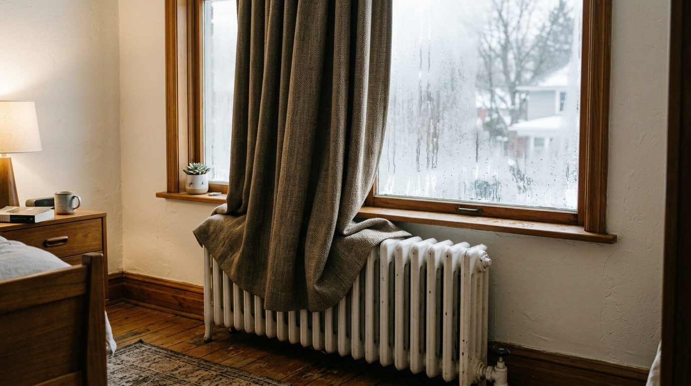 Mon rideau épais tombait devant le radiateur tout l’hiver : la buée sur la vitre m’a montré où partait ma chaleur